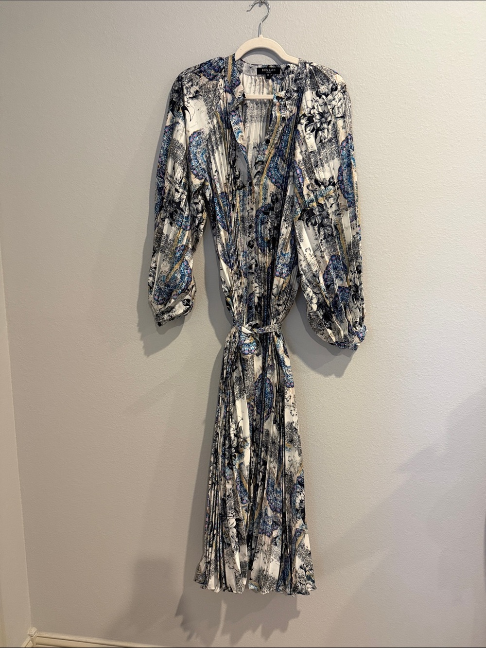 Beulah Blue, White and Gold Floral Wrap Midi Dress